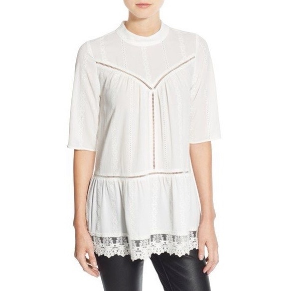 Nordstrom Leith Lace Hem White Peasant Tunic Top Sz Medium - Picture 1 of 7